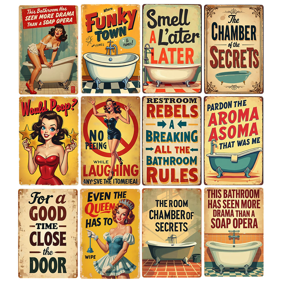 Home Decor Bathroom Ideas - Komik Banyo Kuralları Vintage Metal Tabela
