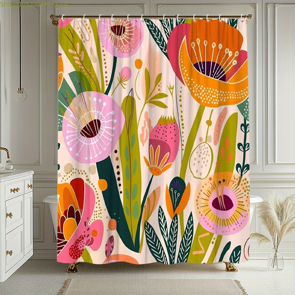 Home Decor Bathroom Ideas - Canlı Çiçek Desenli Duş Perdesi, Soyut