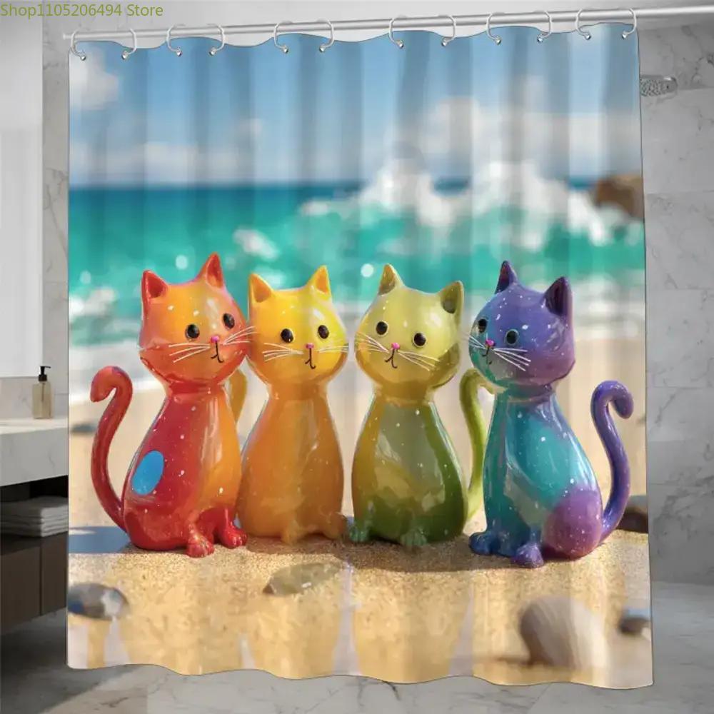 Home Decor Bathroom Ideas - Renkli Gökkuşağı Kediler Duş Perdesi Sevimli