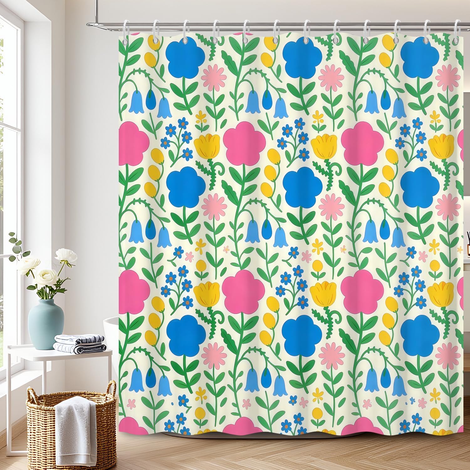 Home Goods Bathroom Decor - Bohem Çiçek Baskılı Duş Perdesi Su