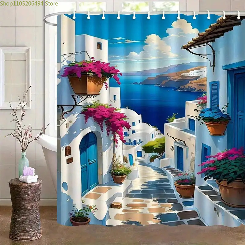 Home Decor Bathroom Ideas - Santorini Yunan Adası Duş Perdesi Mavi