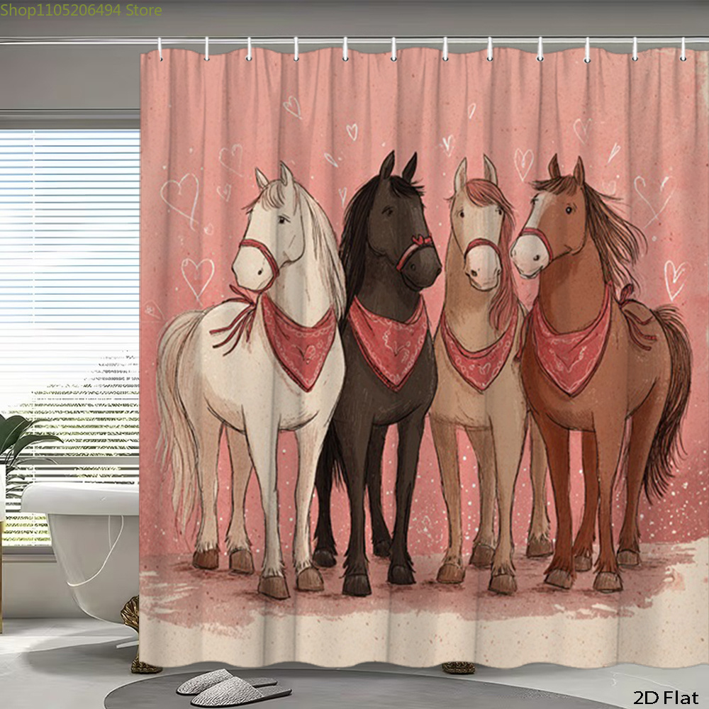 Home Decor Bathroom Ideas - Sevimli Atlar Duş Perdesi, Karikatür Hayvan